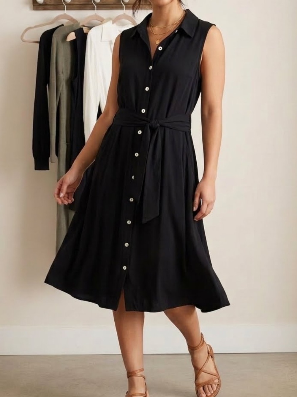 ANGIE Sleeveless Black Stretch Jersey Knit Button-Front Shirt Dress Medium